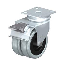  LDA-VPA Roulettes jumelées pivotantes en caoutchouc gris pour service léger à mi-lourd en acier zingué, avec support de platine Type: G-FI - Palier lisse avec frein stop-fix