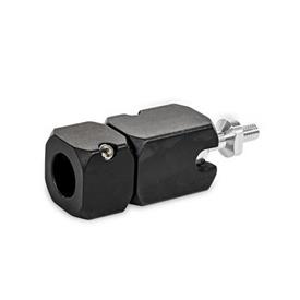 GN 487 Colliers de montage avec rotule radiale de pivot en aluminium Type: A - Avec alésage axial<br />Codage: S - Élément à billes avec filetage externe<br />N° d'identification: 2 - Serrage avec vis de pression<br />Finition: ES - Noire finition anodisée