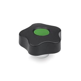 EN 5337.1 Technopolymer Plastic Five-Lobed Knobs, with Protruding Steel Hub, Tapped Blind Bore Type: E - With cover cap (tapped blind bore)<br />Color of the cover cap: DGN - Green, RAL 6017, matte finish