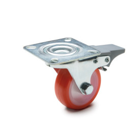 EN 22880 Steel Light Duty Casters, Polyurethane Wheel Tread, Polyamide Wheel Core, Light Version Bearing type: G - Friction bearing<br />Bracket type: LF - Swivel bracket with mounting plate, with total lock brake<br />Coding: L - Light version<br />Bracket material: ST - Steel sheet metal