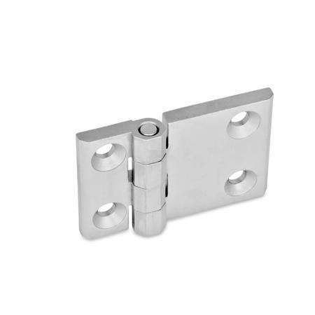 GN 237 Stainless Steel Hinges, with Extended Hinge Wing Material: NI - Stainless steel
Type: A - 2x2 bores for countersunk screws
Finish: GS - Matte shot-blasted finish
Scharnierflügel: l3 ≠ l4
