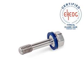 GN 1582 Stainless Steel Hex Head Screws, with Recessed Stud for Loss Protection, Hygienic Design Finish: PL - Polished finish (Ra < 0.8 µm)<br />Sealing ring material: H - H-NBR