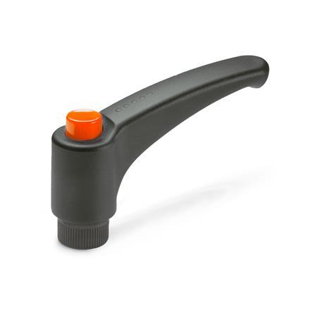 EN 603.1 Technopolymer Plastic Adjustable Levers, Ergostyle®, with Push Button, Tapped Type, with Stainless Steel Components Color: DOR - Orange, RAL 2004, shiny finish