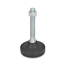 EN 244 Steel Leveling Feet, Plastic Base, Threaded Stud Type with Spherical Seating, without Mounting Holes Type: BG - With nut, with rubber pad