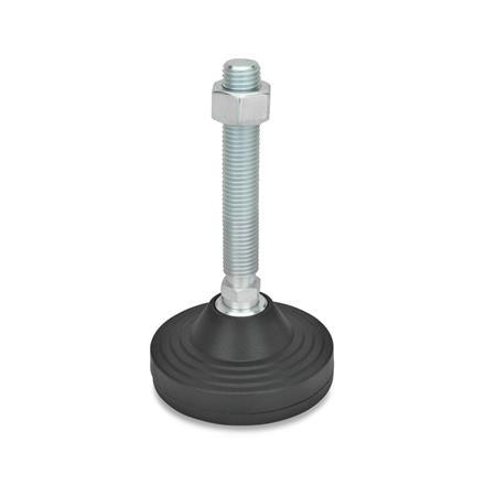EN 244 Steel Leveling Feet, Plastic Base, Threaded Stud Type with Spherical Seating, without Mounting Holes Type: BG - With nut, with rubber pad