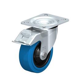  L-POEV Rodajas giratorias de acero con rueda de caucho de servicio medio, con placa de montaje Type: R-FI-SB - Cojinete de rodillos con freno «stop-fix», con rueda azul