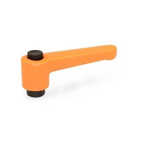 WN 304 Nylon Plastic Straight Adjustable Levers with Push Button, Tapped or Plain Bore Type, with Steel Components Lever color: OS - Orange, RAL 2004, textured finish<br />Push button color: S - Black, RAL 9005