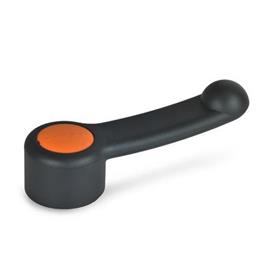 EN 623 Technopolymer Plastic Control Levers, Ergostyle®, Steel Hub, with Round or Square Through Bore, or Keyway Color of the cover cap: DOR - Orange, RAL 2004, matte finish