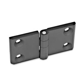 GN 237 Zinc Die-Cast Hinges with Extended Hinge Wing Material: ZD - Zinc die-cast<br />Type: A - 2x2 bores for countersunk screws<br />Finish: SW - Black, RAL 9005, textured finish<br />Scharnierflügel: l3 = l4