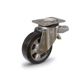 EN 22875 Steel Medium Duty Casters, Rubber Wheel Tread, Aluminum Wheel Core, Medium Version Bearing type: K - Annular ball bearing<br />Bracket type: LF - Swivel bracket with mounting plate, with total lock brake<br />Coding: M - Medium version<br />Bracket material: ST - Steel sheet metal