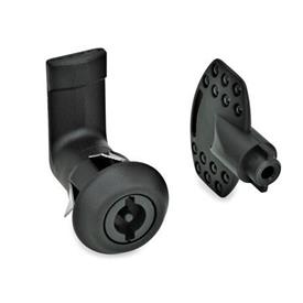 EN 115.5 Technopolymer Plastic Cam Latches, Operation with Socket Key, for Snap-Fit Mounting Type: VDE - With double bit<br />Finish: SW - Black, RAL 9005, textured finish<br />Identification no.: 1 - Latch housing with round stop