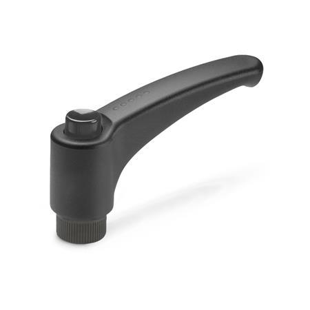 EN 603 Technopolymer Plastic Adjustable Levers, with Push Button, Tapped Type, with Brass Insert, Ergostyle® Color of the push button: DSG - Black-gray, RAL 7021, shiny finish
