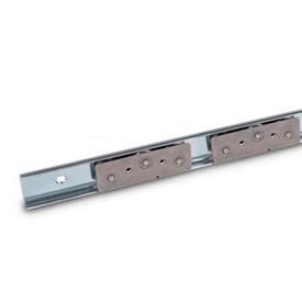 GN 1490 Steel Cam Roller Linear Guide Rail Systems, with Interior Travel Path Type: B3 - With two cam roller carriages with 3 rollers<br />Identification no.: 0 - Without end stop<br />Finish: ZB - Zinc plated, blue passivated finish