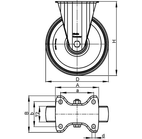B-PHN Roulettes fixes acier à roue en résine phénolique haute résistance à usage moyen avec support de platine schéma