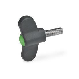 EN 633.1 Technopolymer Plastic Wing Screws, with Stainless Steel Threaded Stud, Ergostyle® Color of the cover cap: DGN - Green, RAL 6017, matte finish