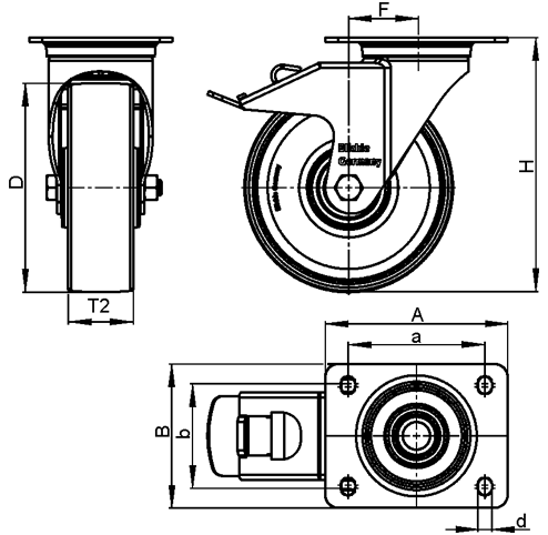  LEX-POTH Rodaja giratoria de acero inoxidable con rueda con banda de poliuretano, con placa de montaje boceto