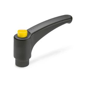 EN 603 Technopolymer Plastic Adjustable Levers, Ergostyle®, with Push Button, Tapped Type, with Brass Insert Color of the push button: DGB - Yellow, RAL 1021, shiny finish