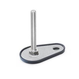 GN 45 Stainless Steel AISI 316L Leveling Feet, Threaded Stud Type, with Mounting Hole, Teardrop Shape Type (Base): D1 - With rubber cap, clipped on, black<br />Version (Stud): S - Without nut, external hex at the bottom
