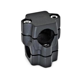GN 134 Aluminum Two-Way Connector Clamps, Split Assembly d1/s1: B - Bore<br />d2/s2: B - Bore<br />Finish: SW - Black, RAL 9005, textured finish