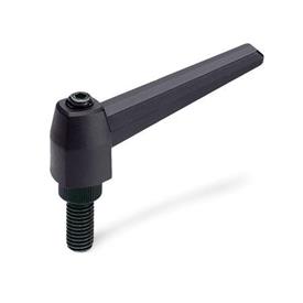 EN 500 Technopolymer Plastic Adjustable Levers, Threaded Stud Type, with Steel Components Color: SW - Black, RAL 9005, matte finish