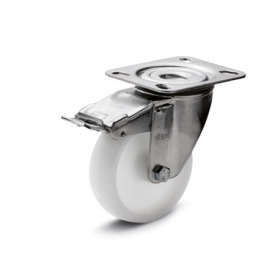 EN 22892 Steel / Stainless Steel Medium Duty Casters, Polyamide Wheel Tread / Core, Light Version Bearing type: G - Friction bearing<br />Bracket type: LF - Swivel bracket with mounting plate, with total lock brake<br />Coding: L - Light version<br />Bracket material: NI - Stainless steel sheet metal