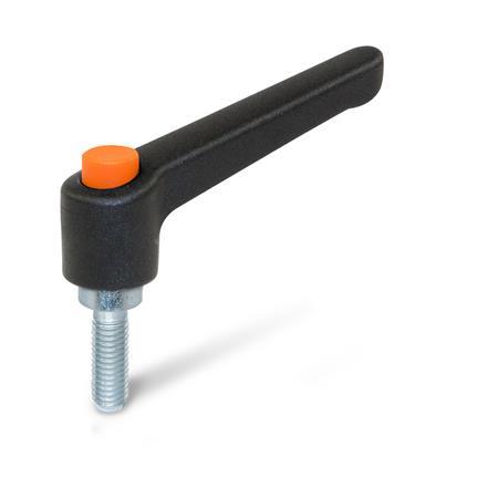 WN 303.2 Nylon Plastic Adjustable Levers, with Push Button, Threaded Stud Type, with Zinc Plated Steel Components Lever color: SW - Black, RAL 9005, textured finish
Push button color: O - Orange, RAL 2004
