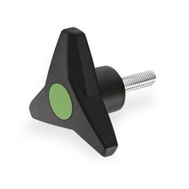 EN 533.6 Technopolymer Plastic Three-Lobed Knobs, Softline, with Steel Threaded Stud Color of the cover cap: DGN - Green, RAL 6017, matte finish
