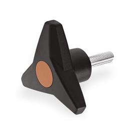 EN 533.6 Technopolymer Plastic Three-Lobed Knobs, Softline, with Steel Threaded Stud Color of the cover cap: DOR - Orange, RAL 2004, matte finish
