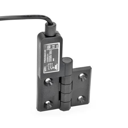 EN 239.4 Technopolymer Plastic Hinges with Integrated Switch, with Connector Cable Identification: SL - Bores for contersunk screw, switch left
Type: AK - Cable at the top