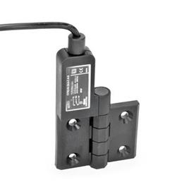 EN 239.4 Technopolymer Plastic Hinges with Integrated Switch, with Connector Cable Identification: SL - Bores for contersunk screw, switch left<br />Type: AK - Cable at the top