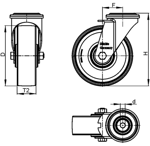 LRA-VSTH Steel Light Duty Extrathane® Treaded Swivel Casters, with bolt hole fitting sketch