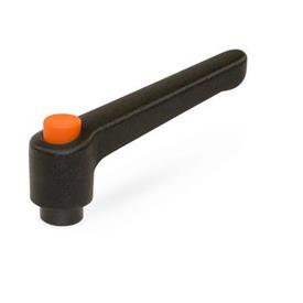 WN 303 Manettes indexables en plastique nylon avec bouton-poussoir, à alésage taraudé ou borgne avec composants en acier Couleur de la poignée: SW - Noir, RAL 9005, finition texturée<br />Push Button Color: O - Orange, RAL 2004