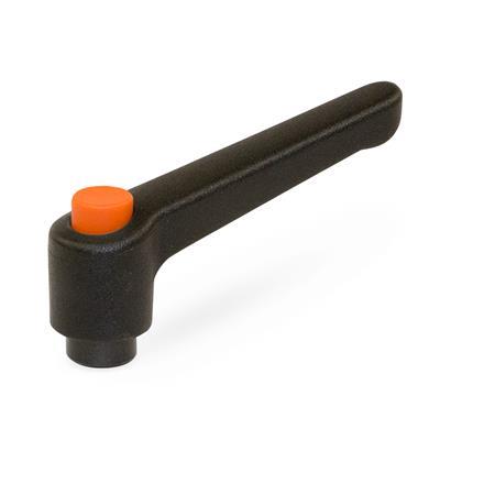 WN 303 Manettes indexables en plastique nylon avec bouton-poussoir, à alésage taraudé ou borgne avec composants en acier Couleur de la poignée: SW - Noir, RAL 9005, finition texturée
Push Button Color: O - Orange, RAL 2004