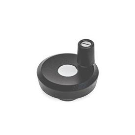 GN 923 Aluminum Flat-Faced Solid Disk Handwheels, with or without Revolving Handle Type: R - With revolving handle<br />Color: SW - Black, RAL 9005, textured finish<br />Bildvarianten: 50...63