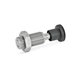 GN 313 Stainless Steel Spring Bolts, Plunger Pin Retracted in Normal Position Material: NI - Stainless steel<br />Type: AK - With knob, with lock nut<br />Identification no. : 1 - Pin without internal thread