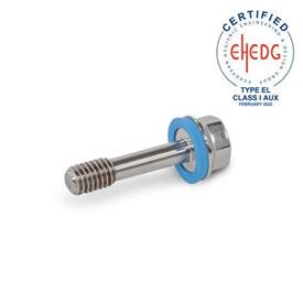GN 1582 Stainless Steel Hex Head Screws, Hygienic Design, Low-Profile Head, with Recessed Stud for Loss Protection Finish: PL - Polished finish (Ra < 0.8 µm)<br />Sealing ring material: E - EPDM