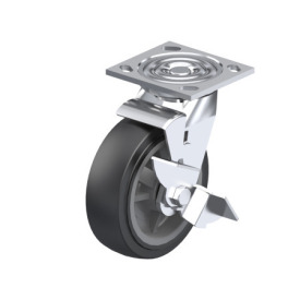 WN 22882.1 Steel Medium Duty Casters, Polyurethane Wheel Tread, Polypropylene Wheel Core, Medium Version Bracket type: LF - Swivel bracket with mounting plate, with wheel brake