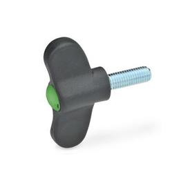 EN 633 Technopolymer Plastic Wing Screws, with Steel Threaded Stud, Ergostyle® Color of the cover cap: DGN - Green, RAL 6017, matte finish
