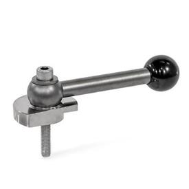 GN 918.7 Stainless Steel Clamping Cam Units, Downward Clamping, Screw from the Operator's Side Type: GVS - With ball lever, straight (serrations)<br />Clamping direction: R - By clockwise rotation (drawn version)