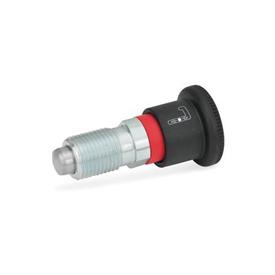 GN 816 Steel Locking Indexing Plungers, Plunger Pin Protruded in Normal Position Type: AR - Operation with knob, red sleeve, without lock nut