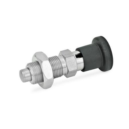 GN 817 Series Steel Non Lock-Out Type Inch Size Indexing Plunger with Multiple Pin Lengths and Pull Knob Spring Load End 5.9 Pounds Threaded Body 5/8-11 Thread Size with Lock Nut 1.02 Thread Length 