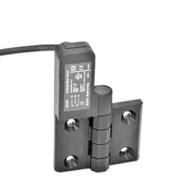 EN 239.4 Technopolymer Plastic Hinges with Integrated Switch, with Connector Cable Identification: SL - Bores for contersunk screw, switch left<br />Type: CK - Cable at the backside
