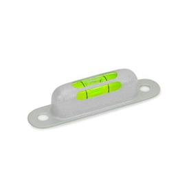 GN 2282 Niveles de burbuja para atornillables, con agujeros de montaje Sensibilidad: 50 - Minutos angulares, la burbuja se mueve 2 mm<br />Material / acabado: MSR - Plateado, RAL 9006, acabado texturizado<br />Identificación núm.: 3 - Visor, parte superior - frente - parte posterior