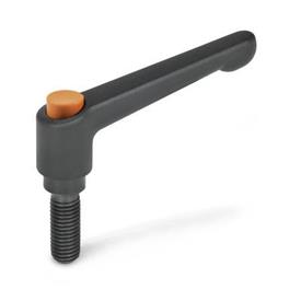 GN 303 Zinc Die-Cast Adjustable Levers, with Push Button, Threaded Stud Type, with Blackened Steel Components Push button color: O - Orange, RAL 2004