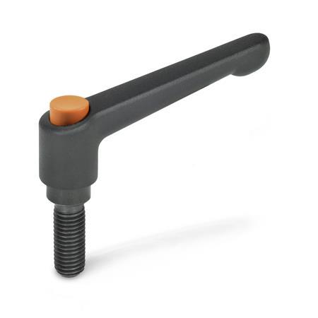 GN 303 Zinc Die-Cast Adjustable Levers, with Push Button, Threaded Stud Type, with Blackened Steel Components Push button color: O - Orange, RAL 2004