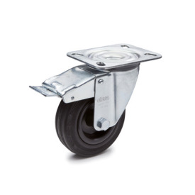 EN 22873 Steel Medium Duty Casters, Rubber Wheel Tread, Polypropylene Wheel Core, Light Version Bearing type: G - Friction bearing<br />Bracket type: LF - Swivel bracket with mounting plate, with total lock brake<br />Coding: L - Light version<br />Bracket material: ST - Steel sheet metal