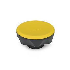 EN 636 Technopolymer Plastic Seven-Lobed Knobs, with Tapped or Plain Bore Insert, Ergostyle® Type: E - With tapped blind bore<br />Color: DGB - Yellow, RAL 1021, matte finish
