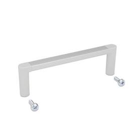 GN 423 Aluminum Rack Handles, for 19" Rack and Enclosure Layout Type: A - Mounting from the back (self-tapping screws)<br />Finish: ELG - Handle bar anodized, natural color / handle shanks light gray, matte finish