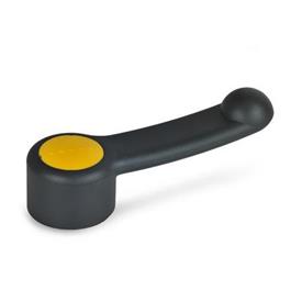 EN 623.5 Technopolymer Plastic Control Levers, Ergostyle®, Stainless Steel Hub, with Round or Square Through Bore, or Keyway Color of the cover cap: DGB - Yellow, RAL 1021, matte finish