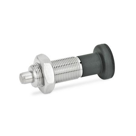 GN 613 Doigts d'indexage à bouton en inox / plastique, non verrouillable, avec corps fileté intégral Matériau: NI - Inox
Type: AK - Avec contre-écrou, avec bouton de levage